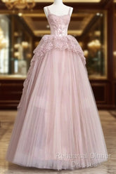Fairy Ball Gown Straps Pink Tulle Semi Formal Prom Dresses Long Party Dress